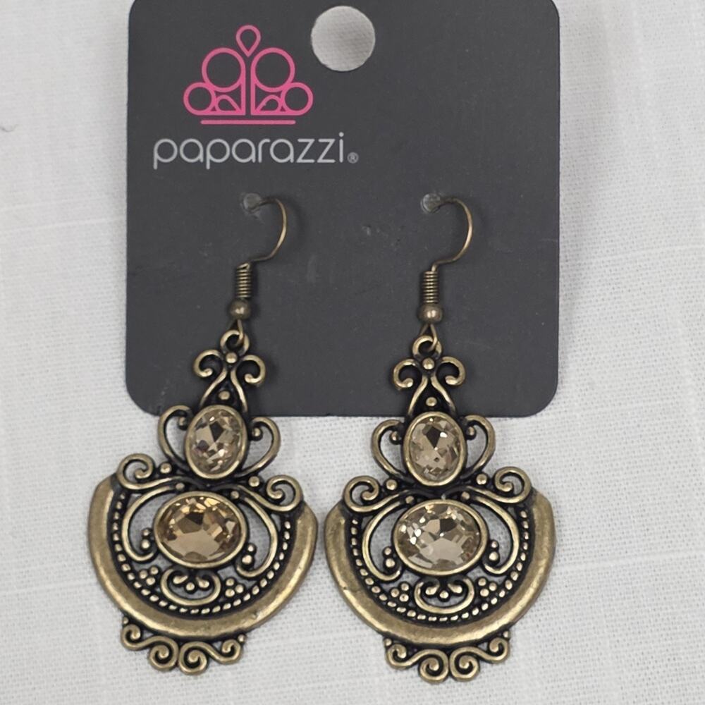 Paparazzi Antique Gold Champagne Rhinestone Scroll Dangle Earrings Vintage Style